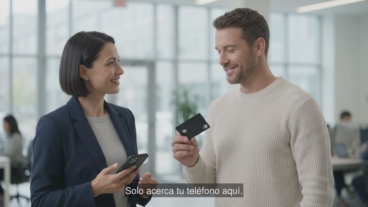 Demostración de tarjeta digital NFC con audio en inglés y subtítulos en español.